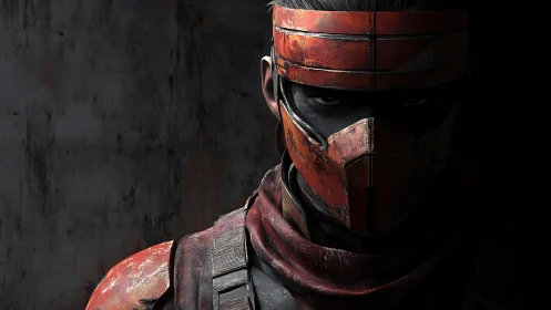 Silent masked warrior in worn crimson armor, half in shadow.