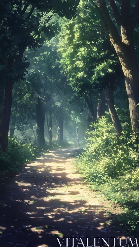 Forest Path Through Towering Trees with Dappled Light.