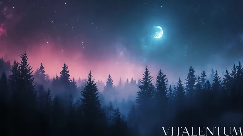 Crescent Moon Over Coniferous Forest: Nocturnal Atmospheric Rendering