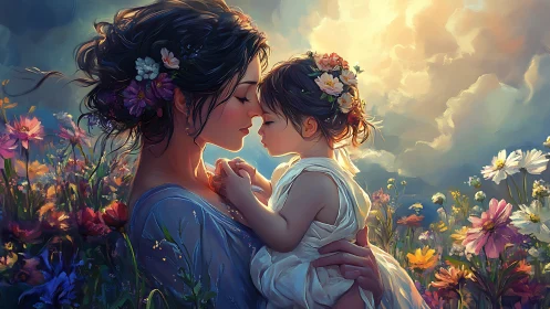 Mother and child share tender embrace in glowing flower field