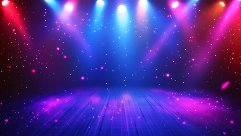 Vibrant neon stage washed in colorful concert spotlights.