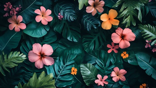 Vibrant Blooms Dance Among Lush Tropical Foliage
