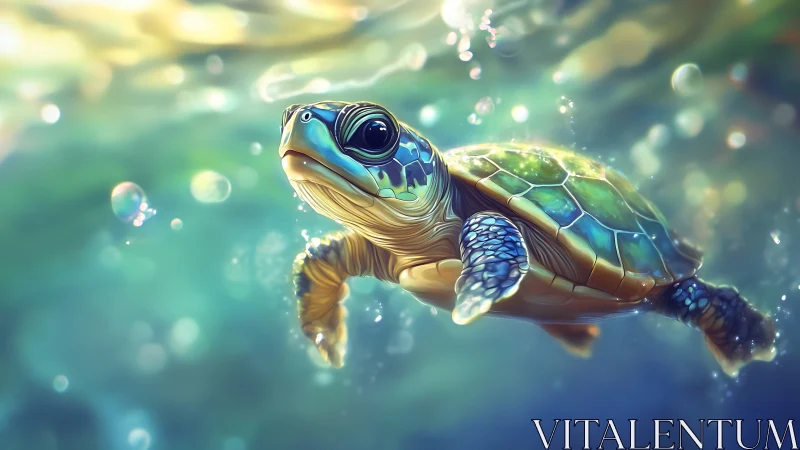 Sea turtle swimming through sunlit underwater scene.