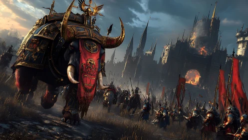 War elephant leads a brave medieval army toward burning citadel.