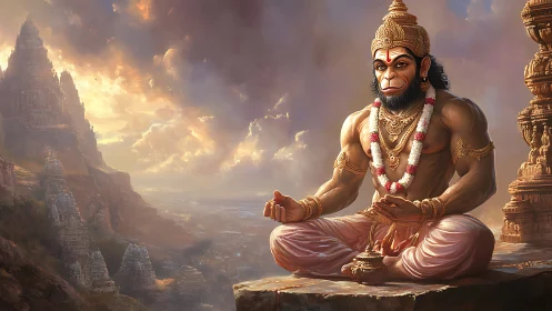Serene meditative Hanuman rendered in high-detail digital realism