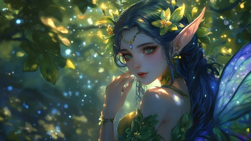 Forest fairy queen under luminous emerald canopy.