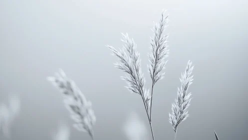Minimalist frosted grass stems in cool monochrome light.