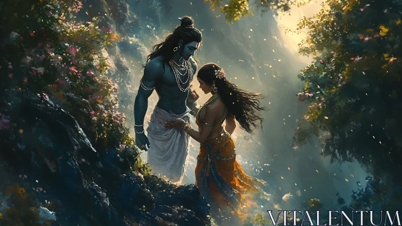 Hindu Deities in Mystical Floral Garden.
