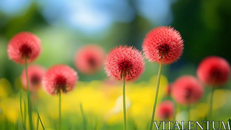 Red Dandelion Seed Heads Sway in Summer Garden Breeze.