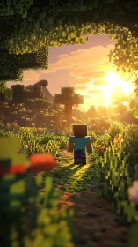 Blocky character walking toward bright voxel sunset.