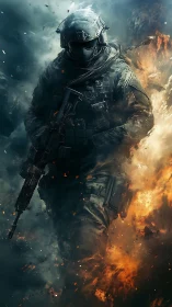 Armored soldier strides through fire and smoke in battle
