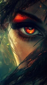 Close-up digital artwork of fiery human eye and face fragment.