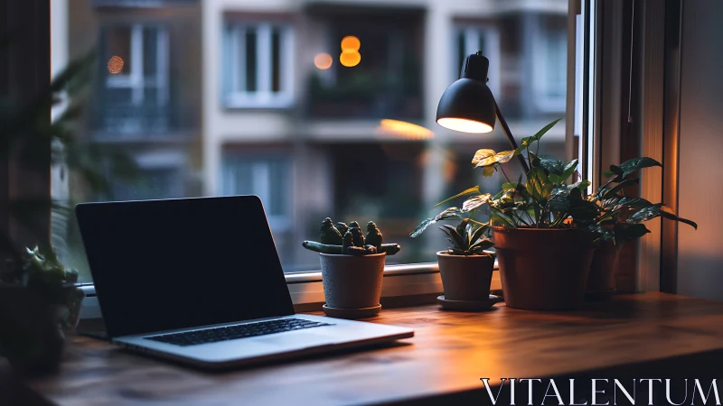 Night-owl laptop nestles among windowlit city houseplants.