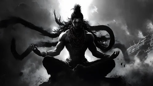 Monochrome ascetic deity in turbulent atmospheric meditation.