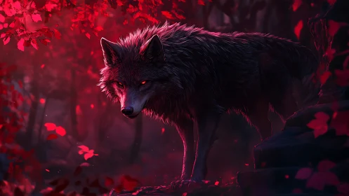 Moonlit crimson forest welcomes a lone watchful wolf spirit