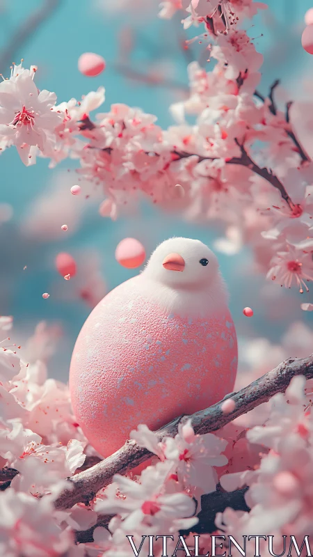 Egg-shaped pastel bird among blooming cherry blossoms