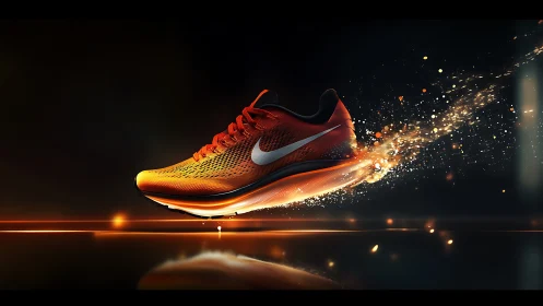 Dynamic photorealistic running shoe with kinetic light trails.