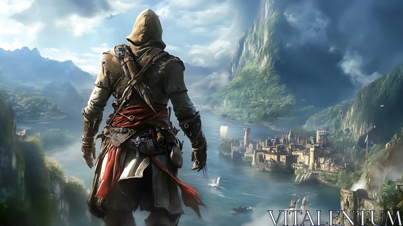 Hooded adventurer surveys vast coastal fantasy stronghold.