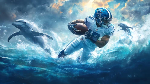 Gridiron runner charging through ocean waves with dolphins.