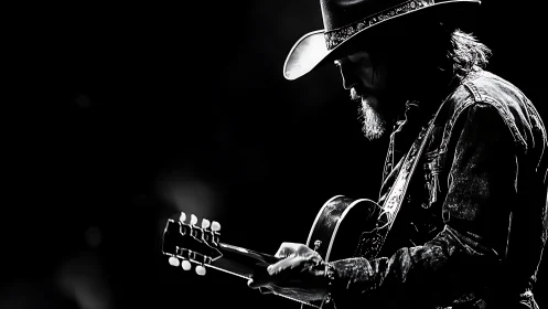 Silhouetted guitarist in cowboy hat on dark stage background.