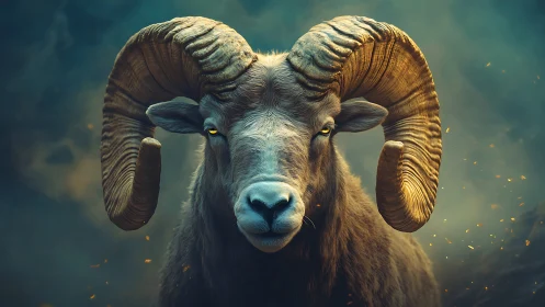 Ram faces camera with symmetrical curved horns in smoke