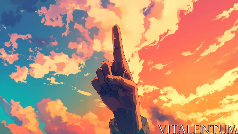 Hand pointing upward against vivid sunset clouded sky.