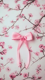 Pink satin bow on cherry blossom floral pattern background.
