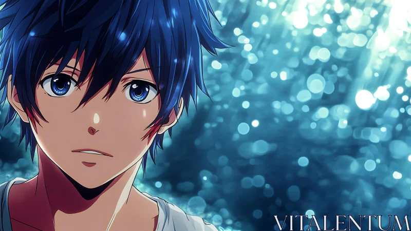 Blue haired anime boy in soft glowing bokeh light.