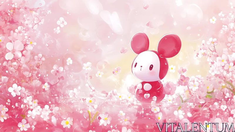 Pink toy figure among stylized cherry blossom elements.