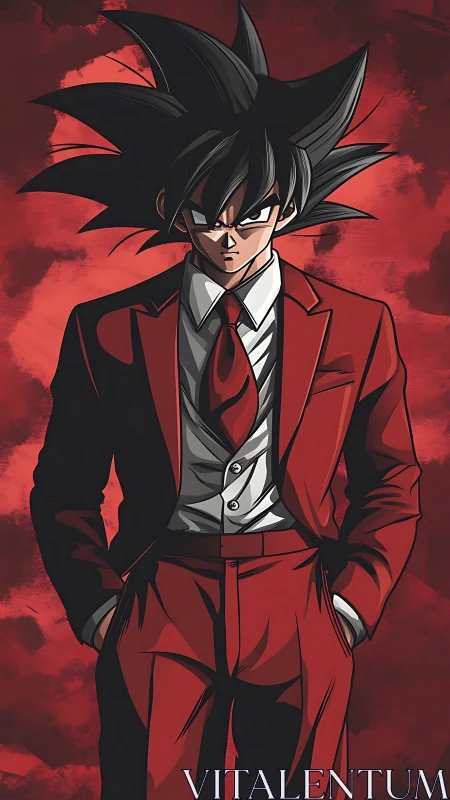 Spiky haired anime figure in red suit on textured red field.