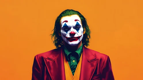 Clown-costumed figure stands centered before orange backdrop