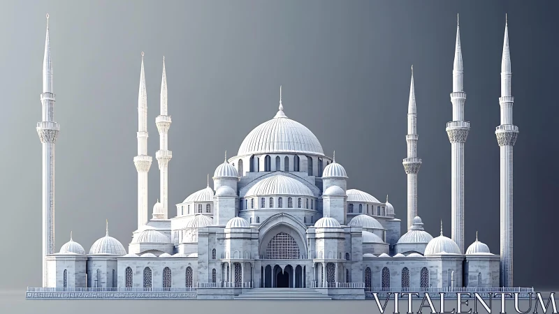 White domed mosque model stands with six tall minarets