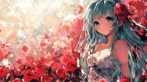 Soft green-haired girl resting amid wild painted roses.
