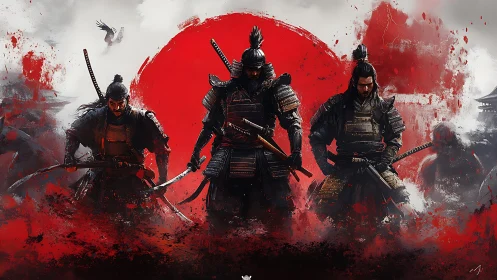 Three armored samurai warriors before red rising sun emblem.