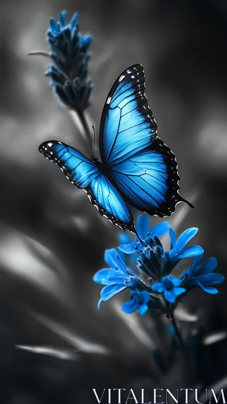 Blue butterfly rests on glowing flowers in soft monochrome field