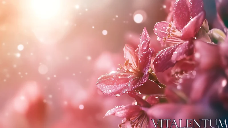 Dew-covered pink flowers caught in prismatic light diffusion.