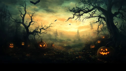 Haunted forest jack o&rsquo;lanterns glow before distant castle.