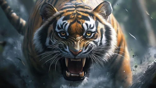 Fierce tiger charge rendered in hyperreal digital detail.