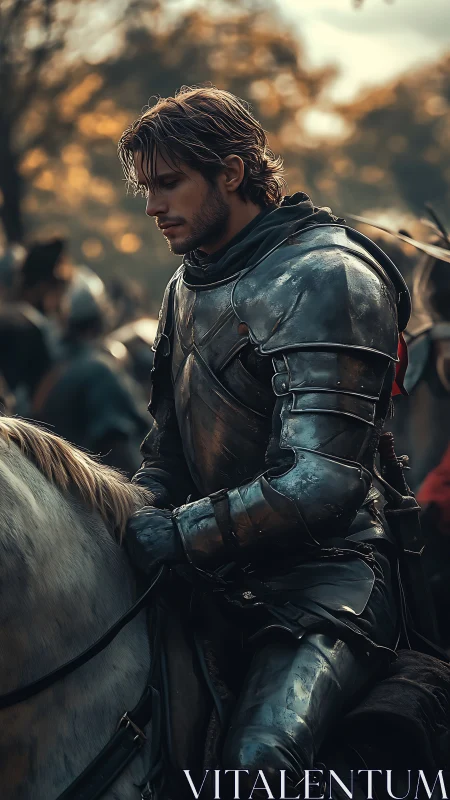 Brooding medieval knight on horseback at dusk battlefield.