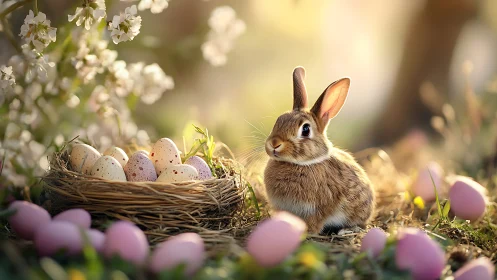 Brown rabbit beside nest of speckled eggs in spring garden.