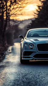 Photorealistic grand tourer on wet rural road at sunset.