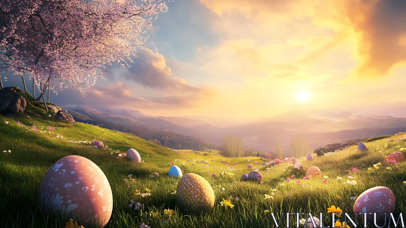 Digitally rendered hillside with patterned egg forms at sunrise