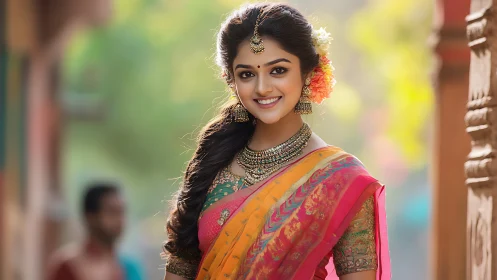Portrait captures richly adorned woman in vivid silk saree outdoors
