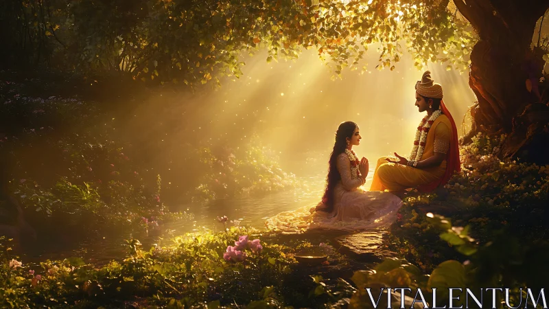 Golden forest river glows as two serene figures share prayer