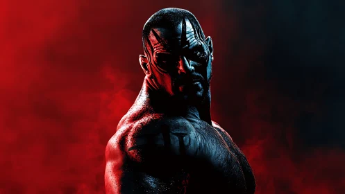 Warrior silhouette emerges from red and black inferno haze.