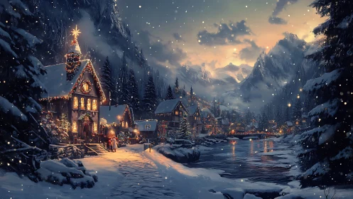 Digital painting of alpine Christmas village at twilight snowfall.