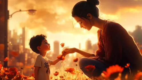 Woman and Child Sharing Flower Moment at Golden Sunset.