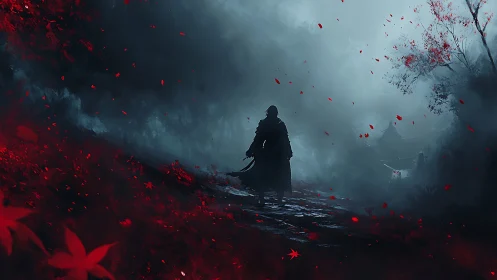 Lone cloaked warrior walks misty forest path under red leaves