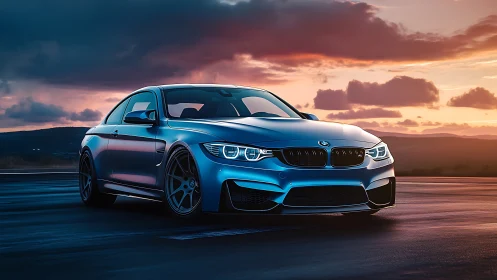 Sunset drive with a sleek blue sports coupe on open road.