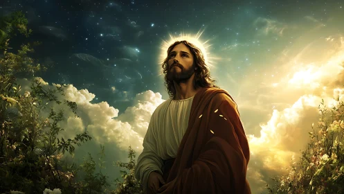 Radiant robed figure gazes heavenward amid glowing clouds.